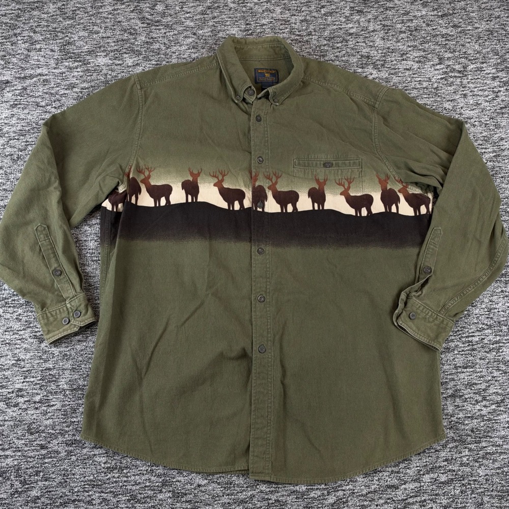 Vintage Woolrich Mens 2XL Olive Deer Print Flannel Shirt Hunting Outdoors